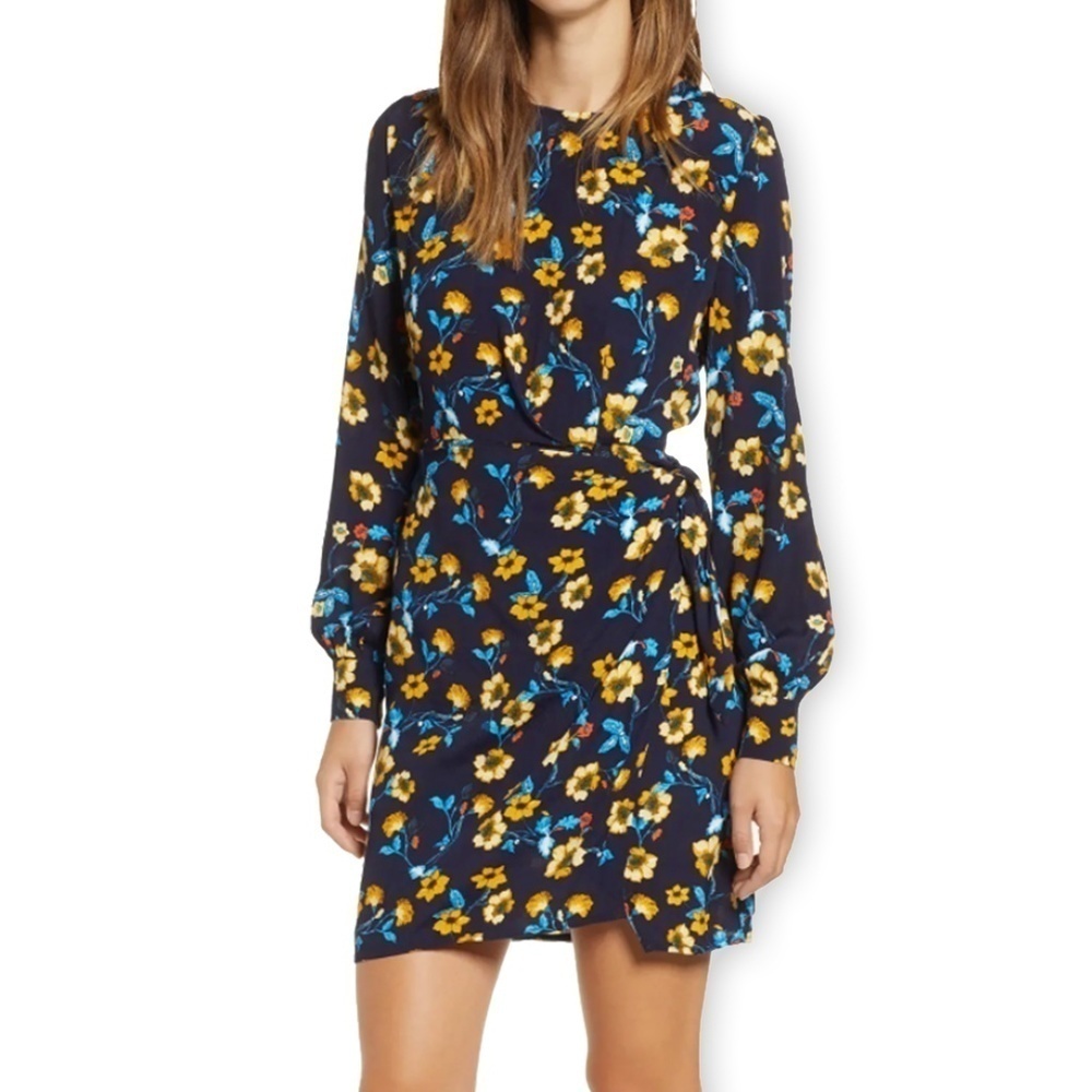 ASTR Nordstroms Vivid Floral Dress Asymmetrical Hemline Long Sleeve Versatile